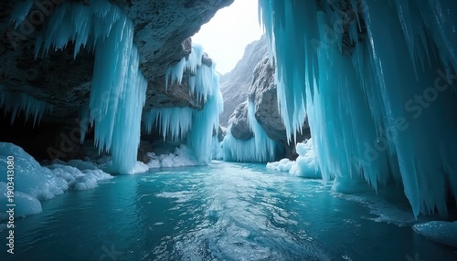 Blue ice cave with icicles and flowing glacial water. Arctic glacial landscape with frozen formations and clear water. Natural winter wonder with rock walls and ice structures.