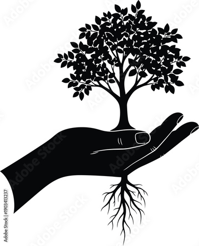 A detailed vector illustration showing ecosystem restoration efforts with people planting trees and restoring a natural landscape for environmental conservation.