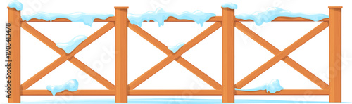 Wooden fence with snow cap. Winter countryside boundary