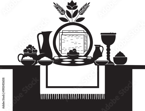 Passover seder meal with matzah wine and symbolic food on table vector still life dark illustration
