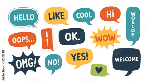Speech Bubbles with Text, hand drawn trendy design elements, grunge texture, rough edges, doodle style, colorful text banners, vector illustration.