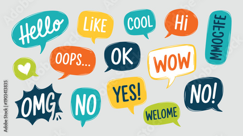 Speech Bubbles with Text, hand drawn trendy design elements, grunge texture, rough edges, doodle style, colorful text banners, vector illustration.