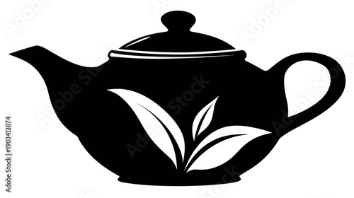 A simple, black teapot silhouette, featuring white tea leaves, set against a blank white backdrop