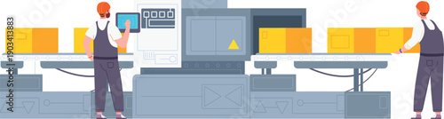 Factory packaging line. Workers control conveyor belt