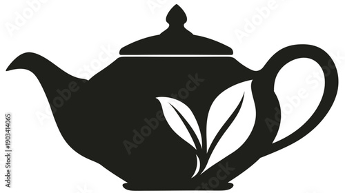 A black and white stylized illustration of a teapot with two leaves