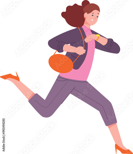 Woman running late. Stressful person rushing for work