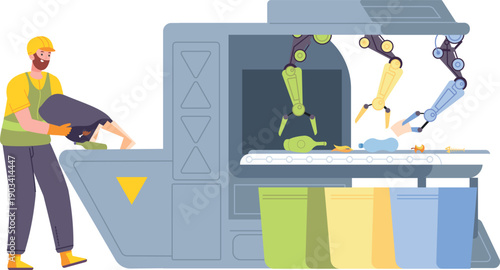 Garbage sorting machine. Recycling factory color illustration