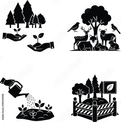Vector illustration of human hands planting a young tree sapling into fertile soil as a symbol of ecosystem restoration and environmental protection.
