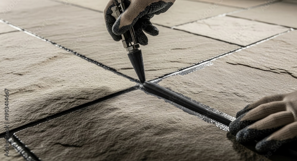custom made wallpaper toronto digitalExpert hand applying black grout to textured stone tiles during home renovation project installation
