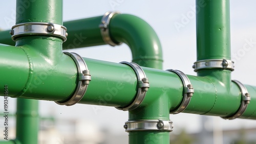 Green industrial pipes with metal clamps