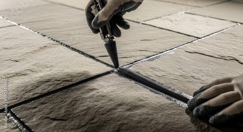 Wallpaper Mural Expert hand applying black grout to textured stone tiles during home renovation project installation Torontodigital.ca