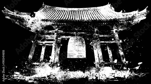 Artistic black and white depiction of a traditional temple with intricate architecture