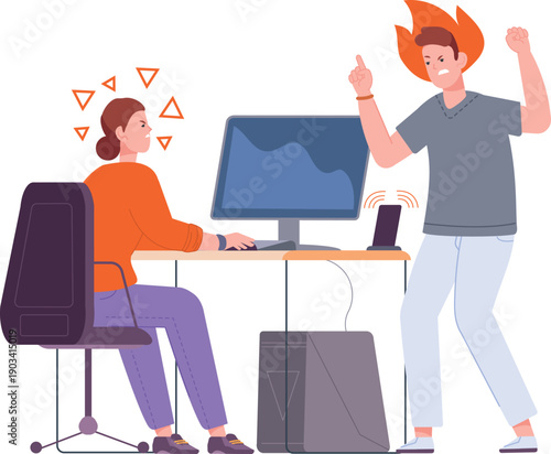 Negative boss yell in anger. Burning head character