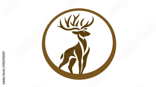 A stylized deer silhouette stands within a circular frame, presented in shades of brown