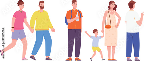 People standing. Waiting men and women. Queue of color characters