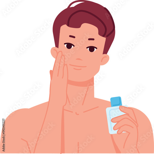 Man apply facial lotion. Face skincare routine