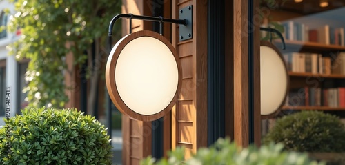 Round wooden shop sign hangs outside building near green bushes and trees. Interior bookshelves visible through window. Space for custom logo.