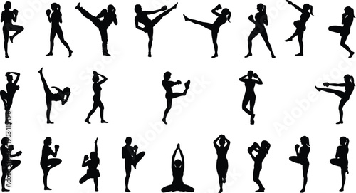 Female martial arts and fitness training silhouettes set, kickboxing karate taekwondo poses, workout balance strength flexibility, black vector illustration
