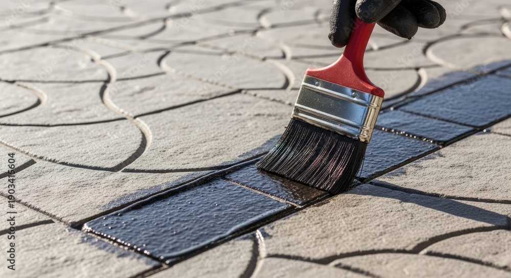 custom made wallpaper toronto digitalHand applying protective black sealant with paintbrush on patterned outdoor paving stones