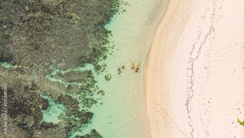 Fotografie Group wading in tropical shallows, aerial view of pristine beach