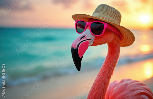Pink flamingo with straw hat and sunglasses relaxes on ocean beach at sunset. Bird enjoys tropical vacation by turquoise sea waves. Warm light and calm atmosphere.
