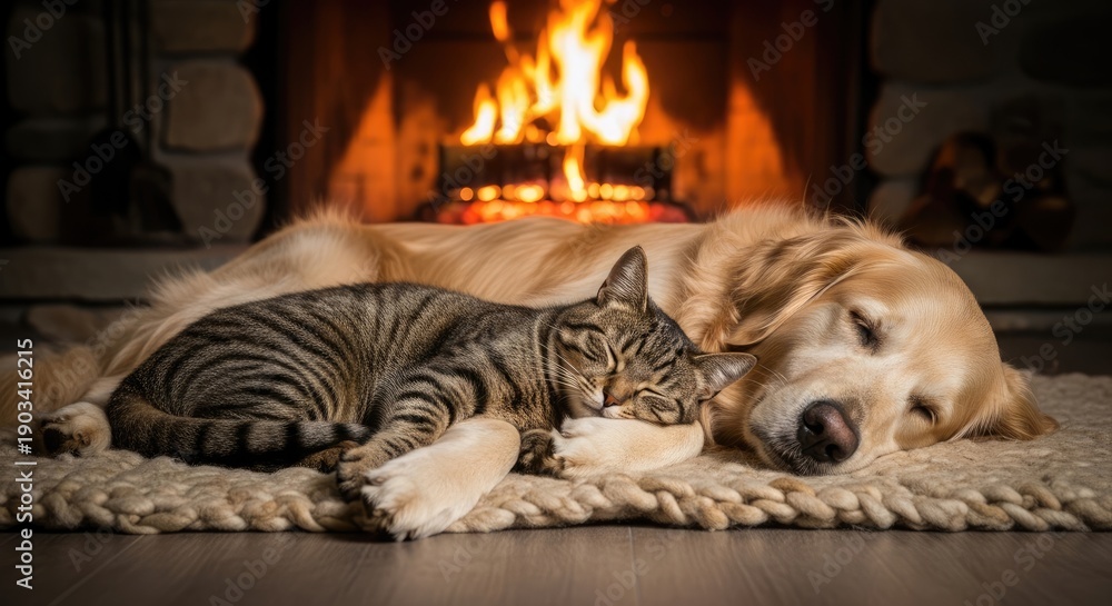 custom made wallpaper toronto digitalGolden Retriever Dog and Tabby Cat Peacefully Sleeping by a Warm Fireplace on a Cozy Rug
