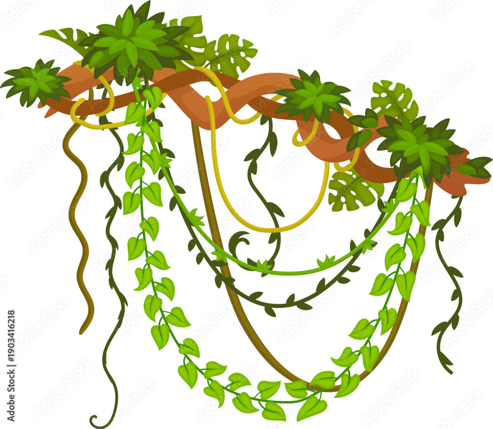 Obraz premium Jungle forest greenery hanging from cartoon tree branch