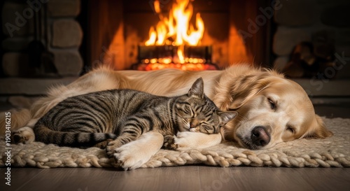 Wallpaper Mural Golden Retriever Dog and Tabby Cat Peacefully Sleeping by a Warm Fireplace on a Cozy Rug Torontodigital.ca