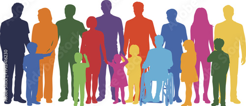 Colorful diverse people silhouettes with adults children and wheelchair user, family community inclusion equality diversity concept, modern flat vector illustration