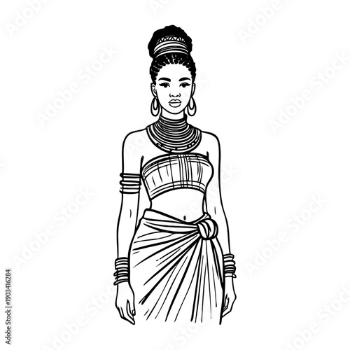 Dibujo con líneas de una mujer con traje tradicional africano