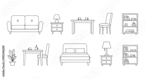 Set of Line Art Furniture Icons Vector Illustration for Interior Design and Home Decor Mockup Template