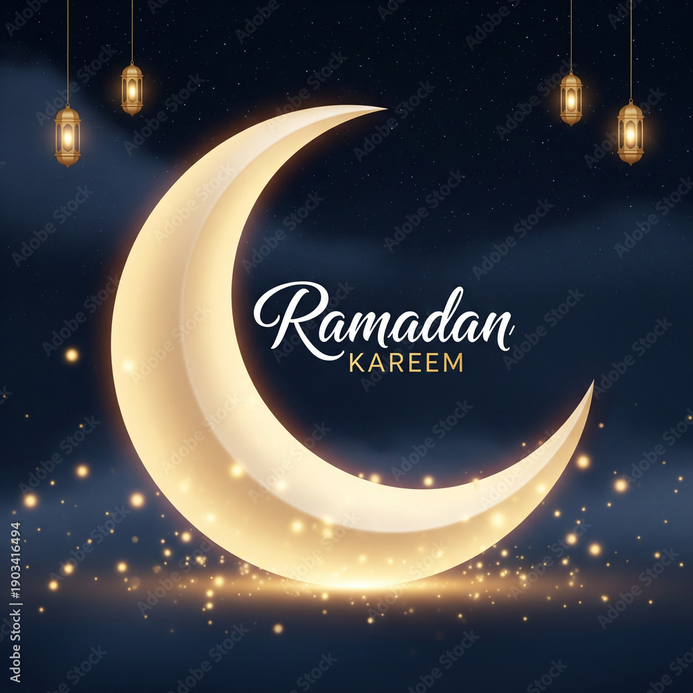 Naklejka premium Ramadan Kareem greeting with crescent moon and lanterns