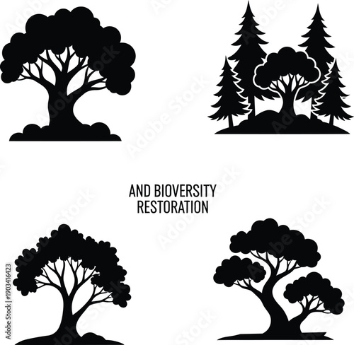Vector illustration of ecosystem restoration showing hands planting young saplings in a lush green forest environment to promote sustainability.