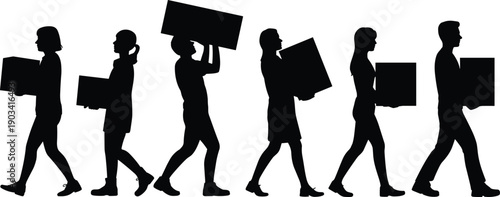 Delivery and warehouse workers carrying cardboard boxes silhouettes, logistics transport teamwork concept, moving service labor, black isolated flat vector illustration