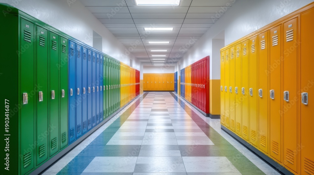 Fototapeta premium Colorful Hallway with Lockers in a School Setting Capturing Vibrant Atmosphere and Unique Design