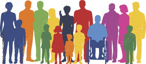 Colorful diverse people silhouettes with families children and wheelchair user, social inclusion equality community diversity concept, modern flat vector illustration