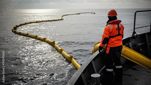 A professional worker in an orange safety jacket and helmet deploying a yellow oil containment boom from a ship into the ocean for environmental protection and spill response.