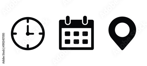 Time, Date and Location Icons set, vector
