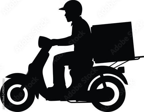 Side view delivery scooter rider silhouette with cargo box, courier transportation and urban logistics service concept, black flat vector illustration