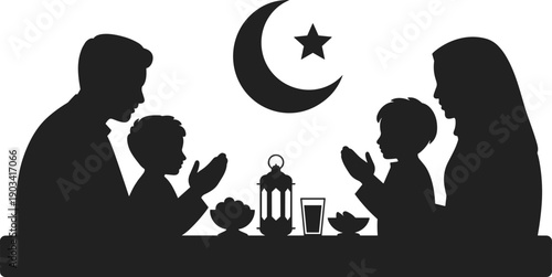 Muslim family iftar silhouette, parents and children praying together, Ramadan evening meal, crescent moon lantern, black flat vector illustration