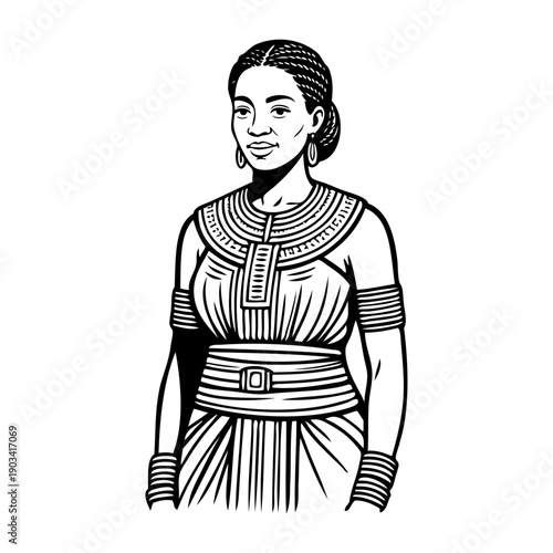 Dibujo con líneas de una mujer con traje tradicional africano