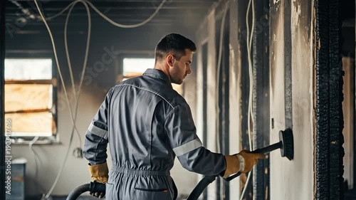 Professional Male Restoration Worker Cleaning Soot and Smoke Damage from Walls After a House Fire in a Burned Building