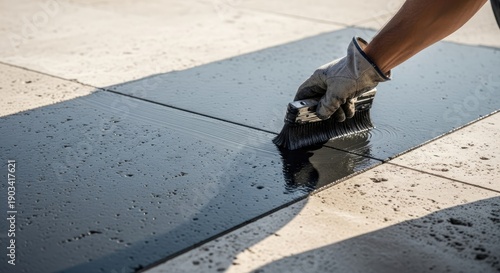 Gloved Hand Brushing Waterproofing Liquid onto Outdoor Pavement Tiles for Surface Protection