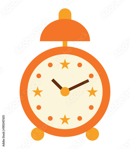Colorful Alarm Clock Vector Illustration with Stars. The clock features classic twin bell style with prominent hands showing time.