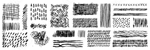 Black ink crosshatch pattern texture, strikethrough and squiggles lines asset. Hand drawn pencil line. Crosses, curved and trendy scribble brush strokes. Sketch vector illustration collection.