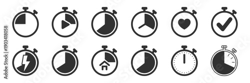Timer and Stopwatch Icons, time clock and watch pictograms, vector chronometer symbols for hour, minute, second, countdown intervals, alarm settings illustration.