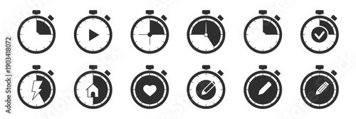 Timer and Stopwatch Icons, time clock and watch pictograms, vector chronometer symbols for hour, minute, second, countdown intervals, alarm settings illustration.
