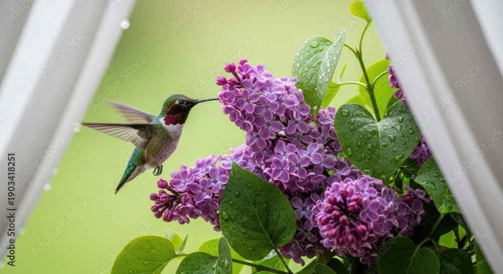 Naklejka premium A hummingbird hovers near blooming purple lilacs, viewed through a white window frame, outdoors