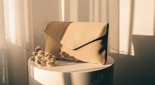 Elegant Beige Clutch Bag with Dried Flowers in Natural Light and Shadow Play