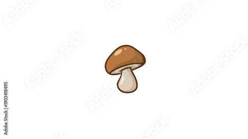 A cartoon-styled illustration features a brown mushroom with a white stem. It's set against a white backdrop